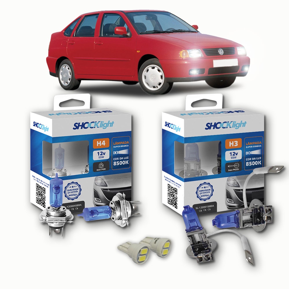 KIT lâmpadas Super brancas 8500K +LED T10 VW POLO/POLO CLASSIC 1996 - 1999 H4 FAROL + H3 milhas