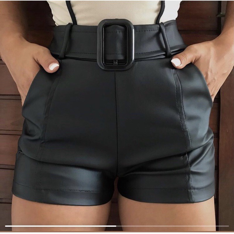 Short Cirre Couro Fake Tecido Cirre Cintura Alta Com Cinto - Preto