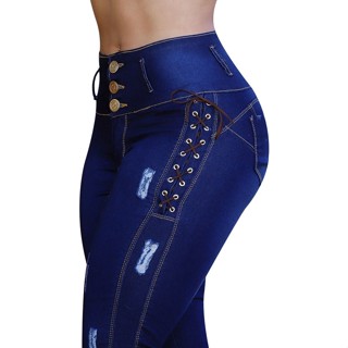 Calça Jeans Feminina Detalhes Cordinhas Cós Alto Modelador