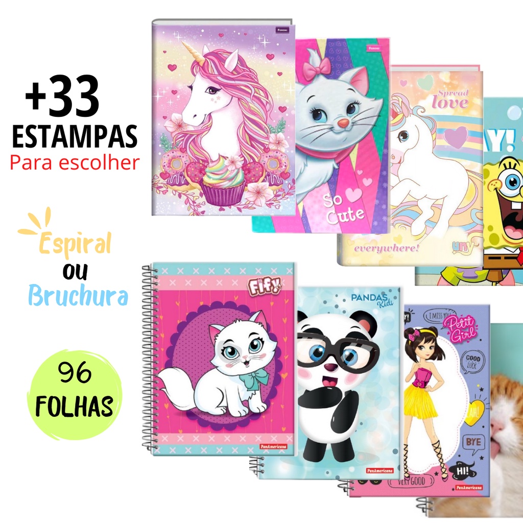 Caderno Brochura Escolar Infantil Menina 96 folhas Espiral Capa Dura Estampado