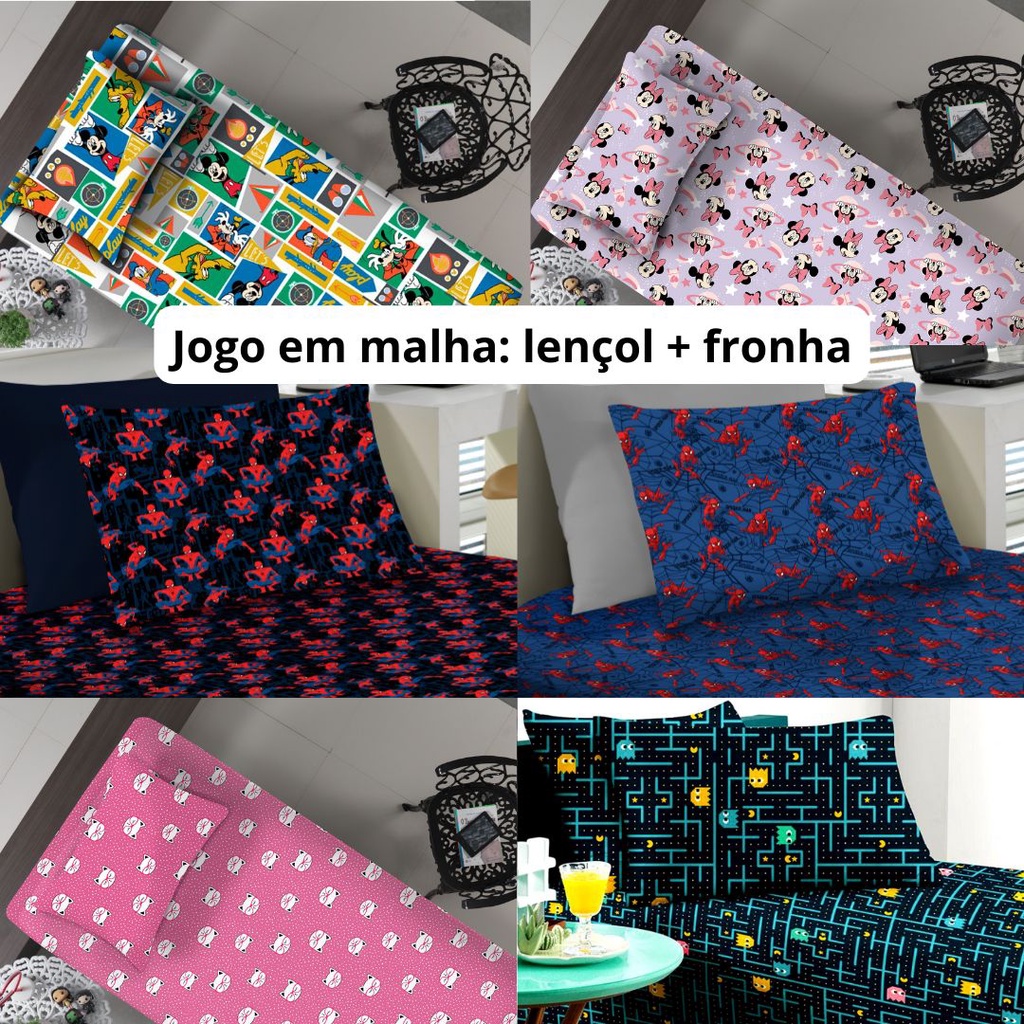 Lençol Infantil Solteiro Jogo de Cama com Fronha em Malha Personagem com Elástico Antialérgico - 70% Algodão 30% Poliéster - Mickey Minnie Homem Aranha