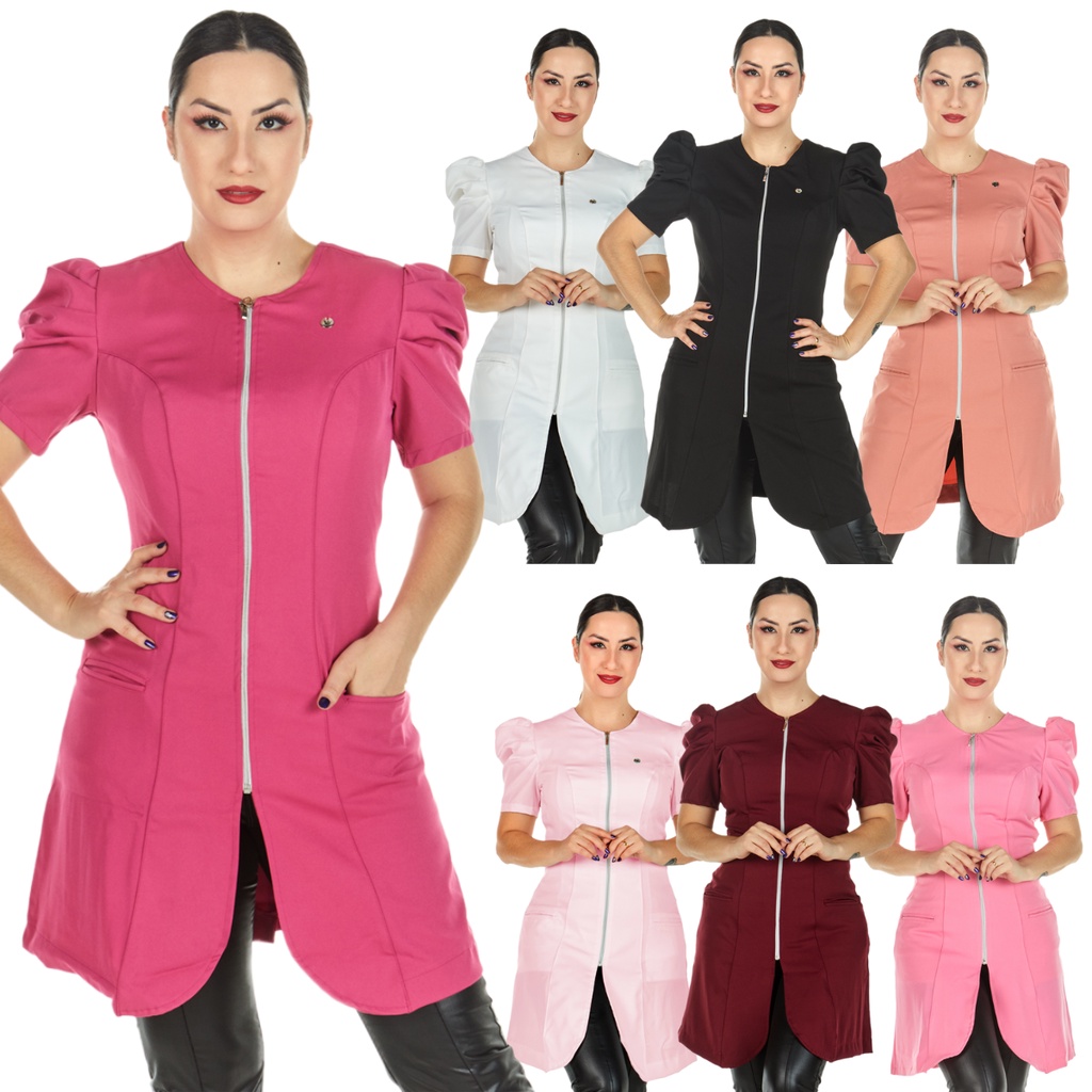Jaleco Feminino Manga Curta Bufante Princesa Acinturado Com Zíper Várias Cores Profissional Clínica Consultório Dentista Farmacêutica Esteticista Estudante Salão de Beleza