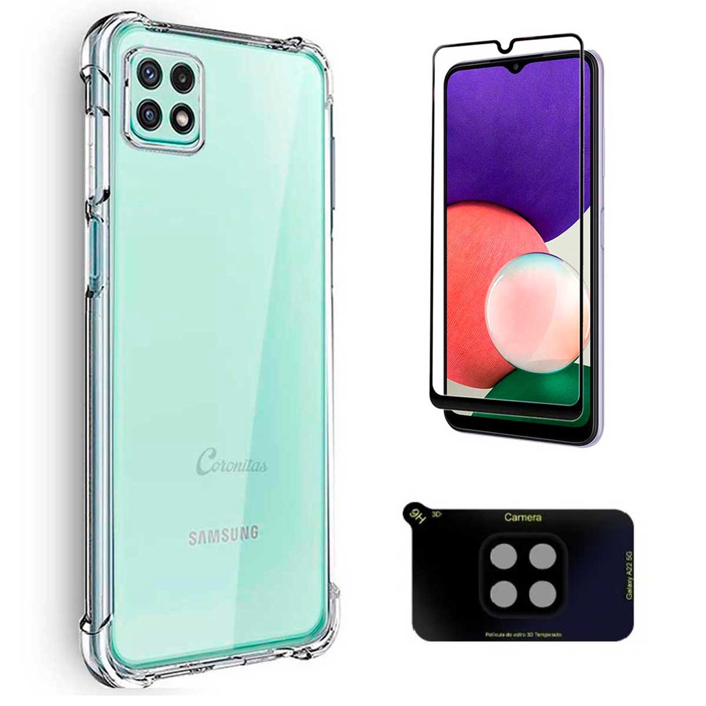 Kit 3x1 Capa Capinha Antiquedas Galaxy A22 5G + Película 3D Vidro Frontal + Película de Câmera
