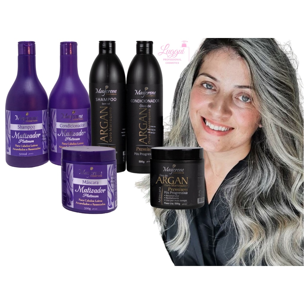 Kit Matizador Platinum e Kit Argan Premium Pós Progressiva, Seu Loiro Liso e com mais Brilho