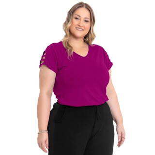 T-SHIRT FEMININA BLUSA PLUS SIZE DECOTE V COM DETALHE NAS MANGAS 0201