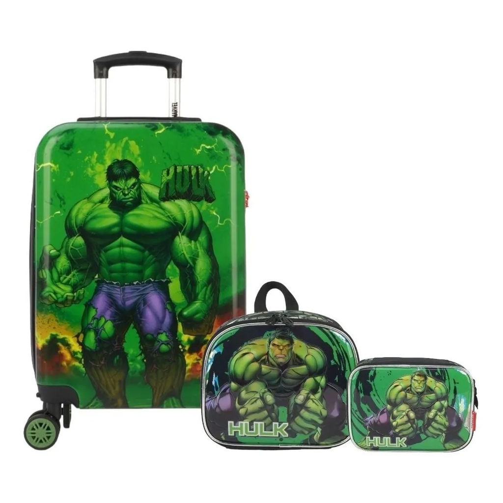 Kit Malinha Escolar Mala Bordo Infantil Hulk 4 Rodinhas 360°