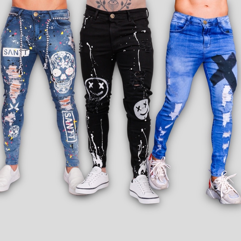 Calça jeans hot sale masculina estampada