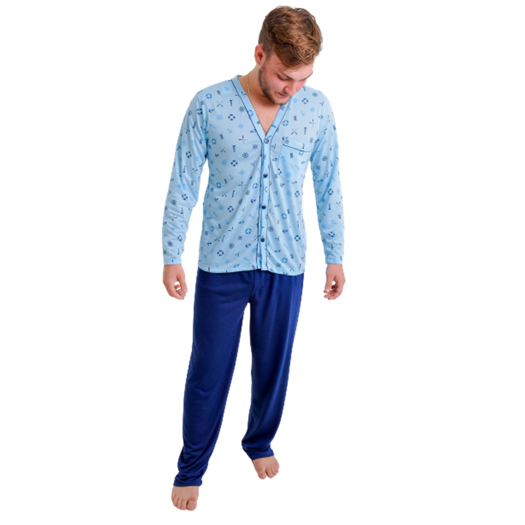Pijama Masculino Longo Adulto Inverno Malha Aberto Botões