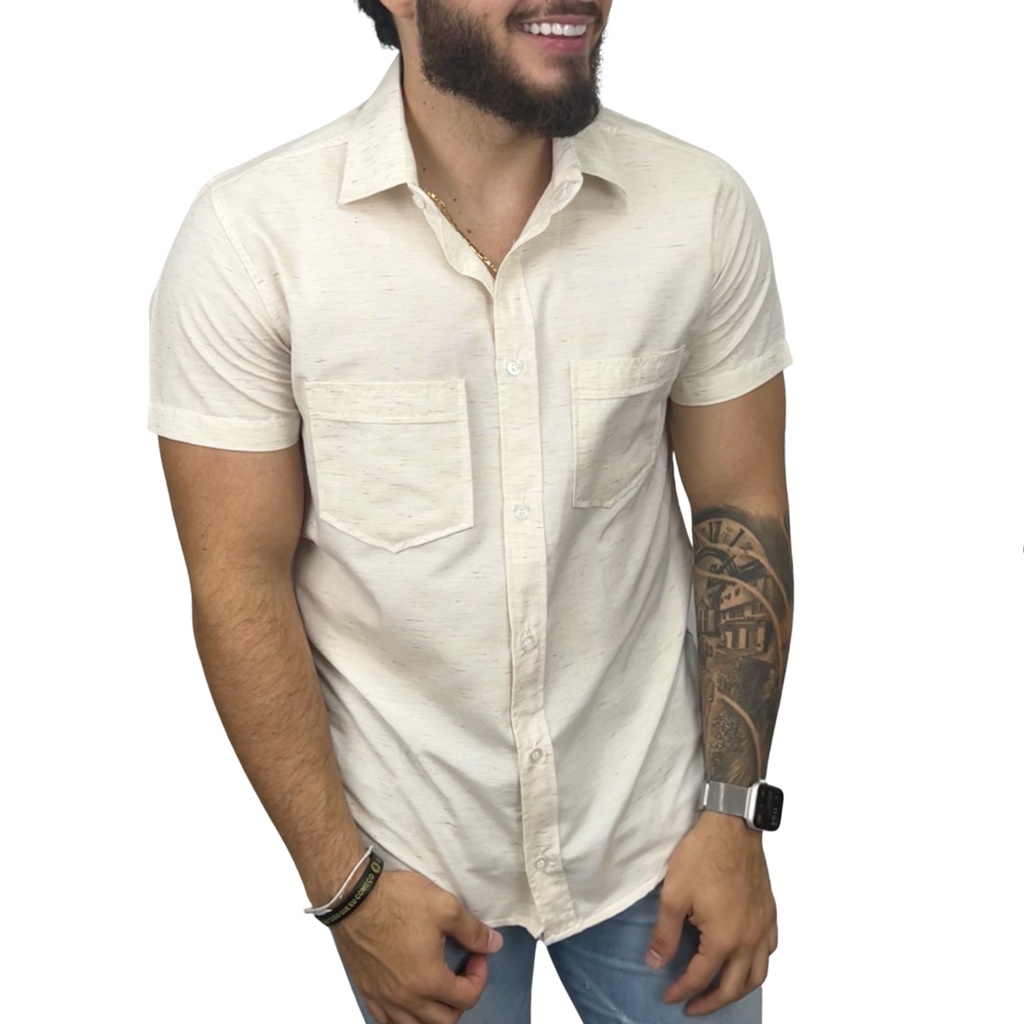 Camisa Social Masculina Manga Curta Slim Fit de Linho