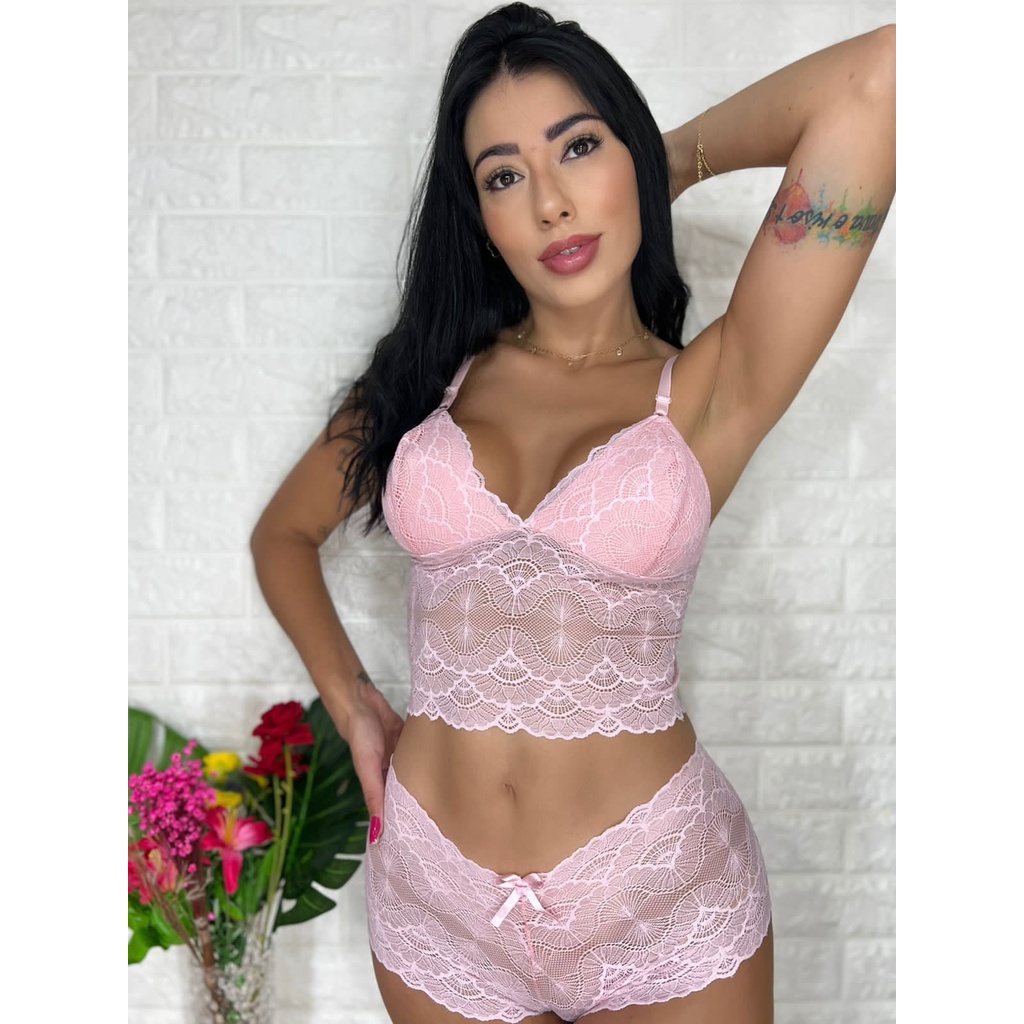 Conjunto Calesson Cropped Calcinha Box Renda Com Forro Sexy Linha Noite Espera Marido- Promoção — imagem 2 de 2
