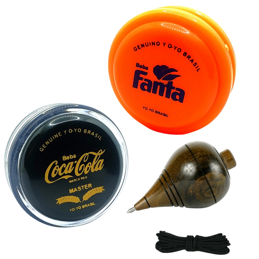 Kit Pião de Madeira Profissional e 2 Yoyo Coca-Cola anos 80 Fanta Laranja Premium o Mais top do Mercado RARIDADE (ioio,ioiô,yo-yo)