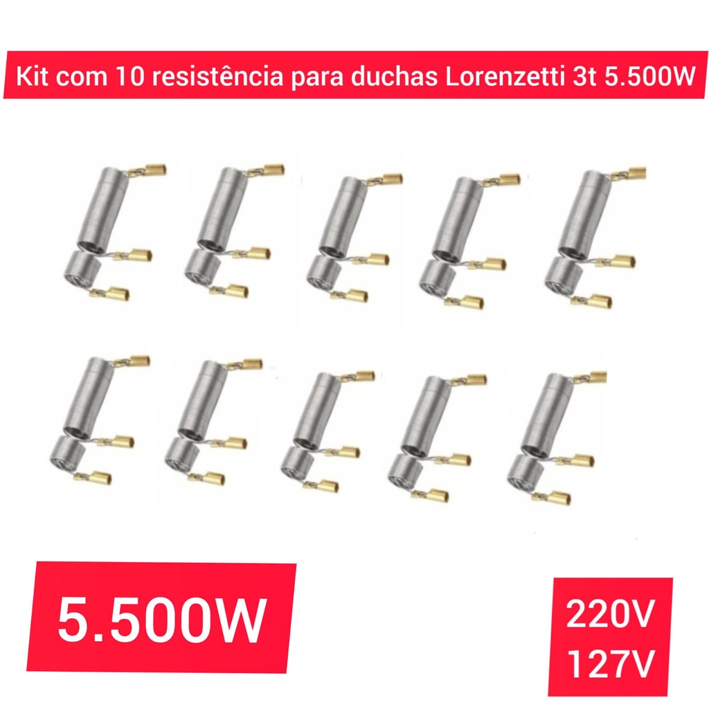 Resistência Maxi Ducha 5.500W 127V Ou 220V Kit 10 Unidades Para Chuveiros e Torneiras 3 Temperaturas Da Lorenzetti