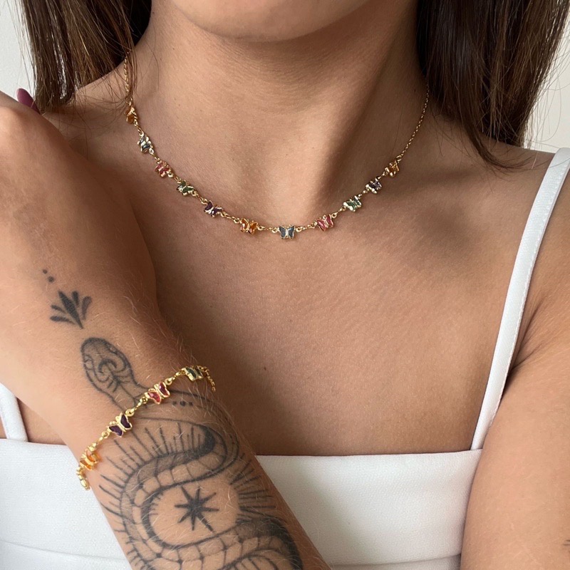 Kit Conjunto Colar Choker e Pulseira de Borboleta Colorida Folheado Banhado A Ouro 18k