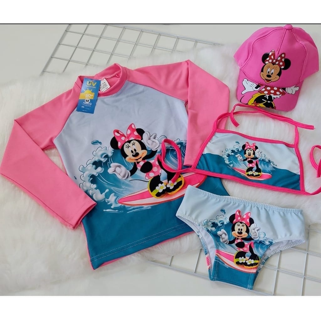 Kit Biquini Infantil + Blusa Com Proteção Solar Infantil UV50 + Boné Personagens