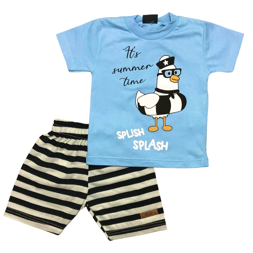 Conjunto bebe masculino camiseta meia malha e bermuda listrada fio tinto P-M-G