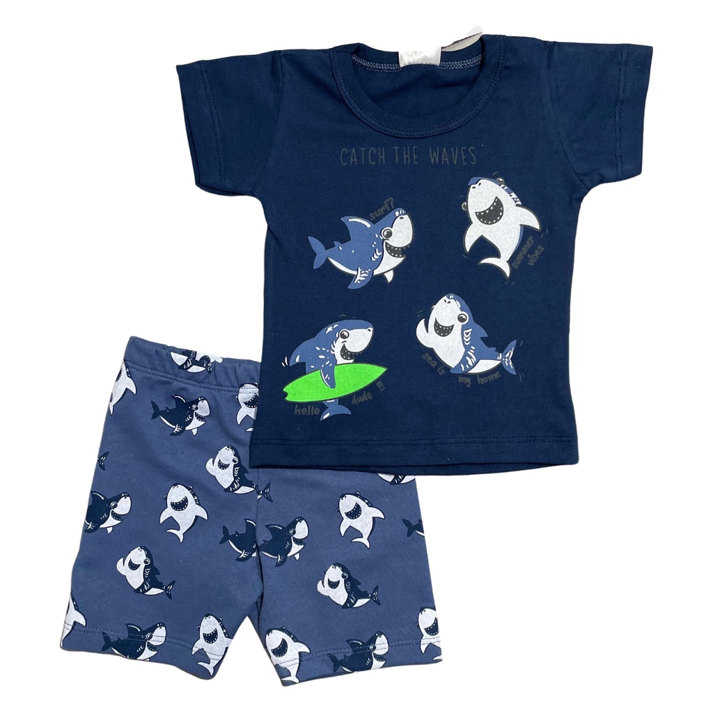 Conjunto bebe masculino com manga bermuda moletinho e camiseta malha P-M-G