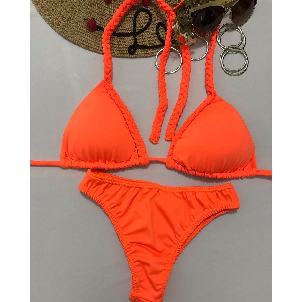 Biquini na vibe do neon - cortininha com detalhes em tranças bojo removível com calcinha tradicional laranja neon