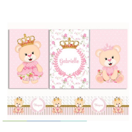 Quadros decorativos - Ursa Rosa princesa - Com o nome da sua Filha + 2 faixas com nome linda 4k - Enxoval de bebê