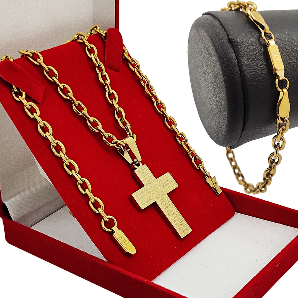 Corrente Masculina Cordão 70cm Tipo Cadeado Com Pingente Crucifixo e Pulseira Cadeado Dourada