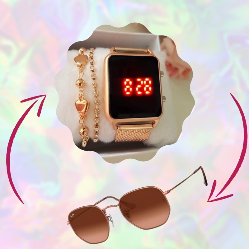 Relógio Feminino Led Digital \ Pulseira Folheada \ Óculos de Sol Retrô ou Aviador