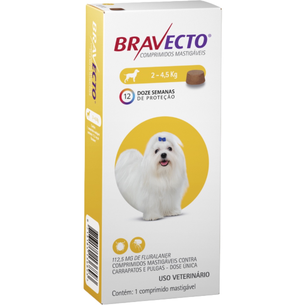 Bravecto Antipulgas e Carrapatos MSD para Cães de 2 a 4,5 Kg (112,5 mg)