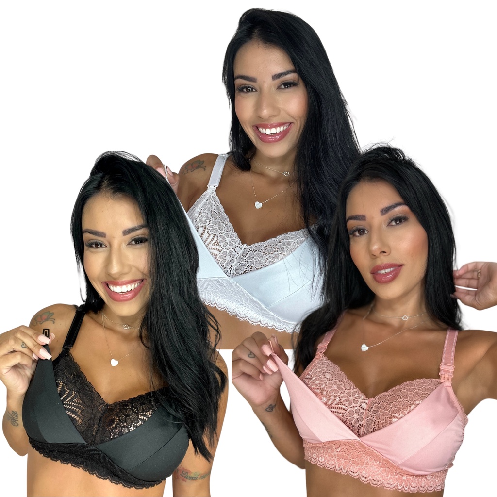 KIT 3 Sutiã de Amamentação Sem Bojo Reforçado Gestante Pós Parto PREMIUM