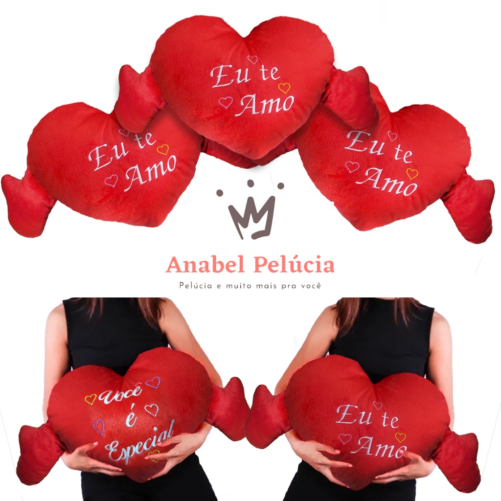 Kit Com 05 - Coração De Pelucia Com Mão, Grande Bordado frases diversas  \ Almofada Decorativa Coração Grande 68 Cm em Oferta na Shopee