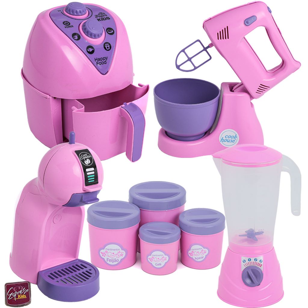 KIT 8 Brinquedos de cozinha Eletrodomésticos - AIR FRYER, CAFETEIRA, LIQUIDIFICADOR PORTA MANTIMENTOS E BATEDEIRA De Brinquedo Infantil Faz De