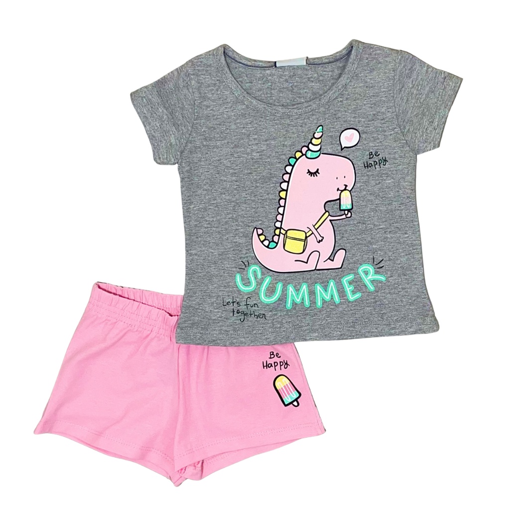 Conjunto infantil feminino com manga blusa meia malha e short cotton 1-2-3