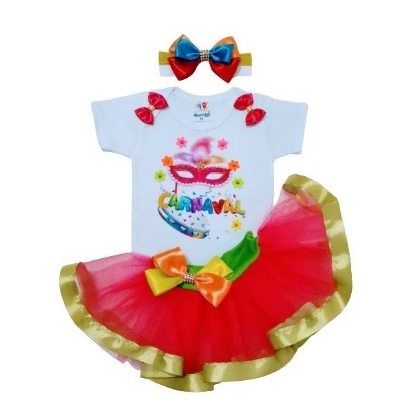 Conjunto Infantil Temático Bebê Menina Festa C/ Body Carnaval + Saia Tutu + Laço