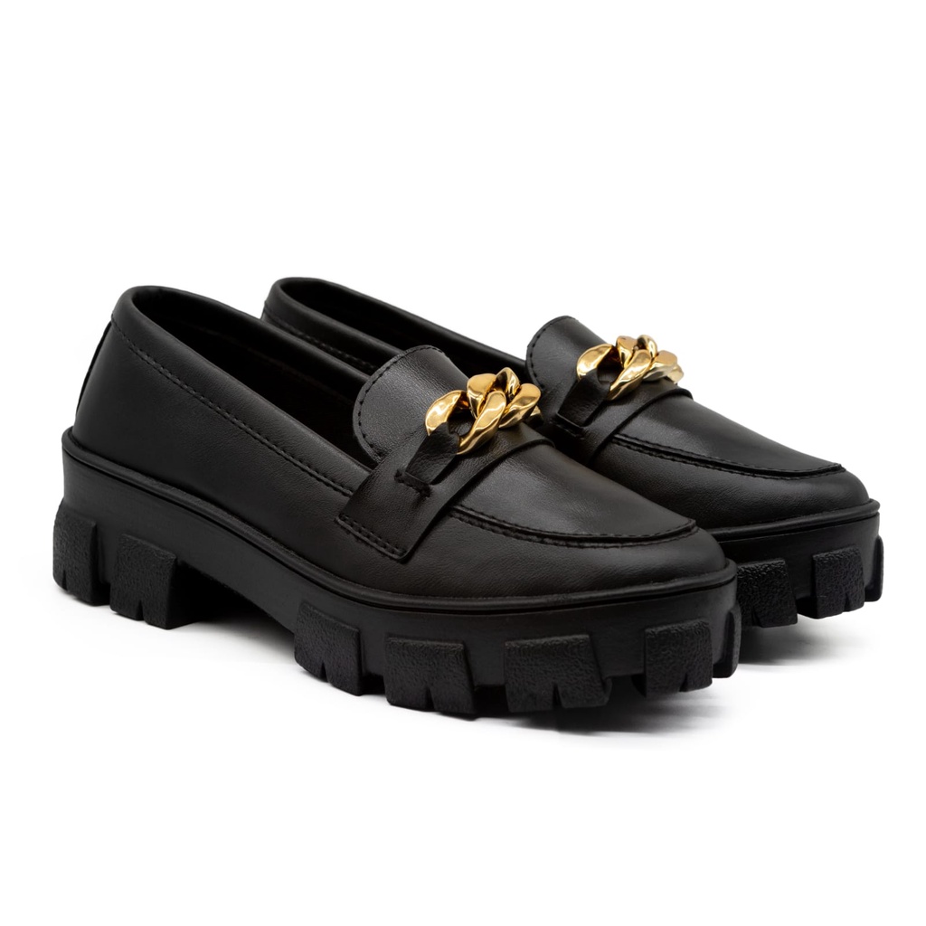 Mocassim Feminino Oxford Palmilha Confortavel Preto Corrente