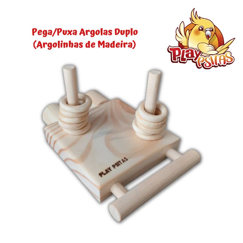Brinquedo Pega/Puxa Argolas Duplo com fixação para gaiola/viveiro. Ideal para calopsitas, agapornis, papagaio, periquito, aves em geral. Produto artesanal.