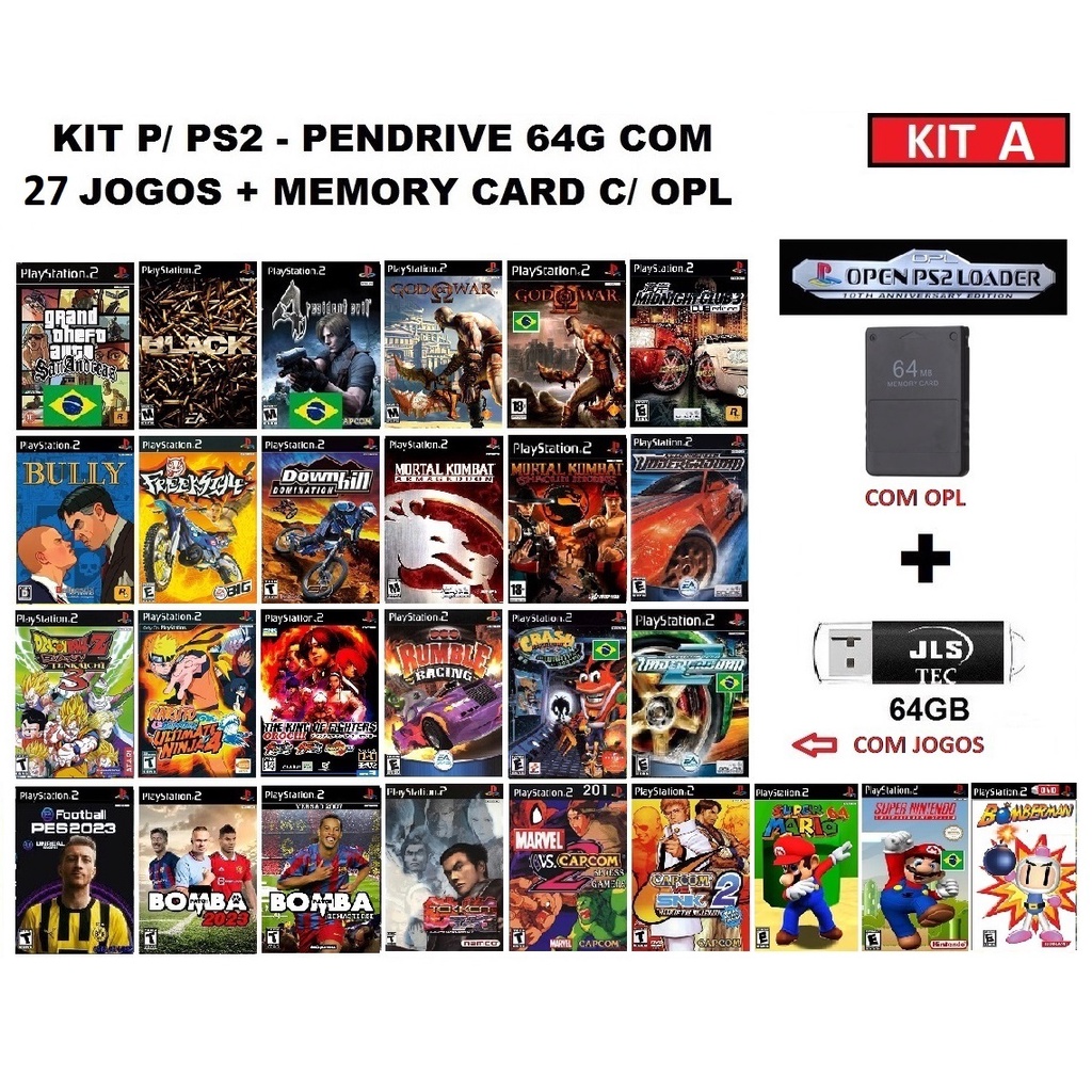 Kit Opl Memory Card Ps2 + Pendrive 64 Gb + Jogos