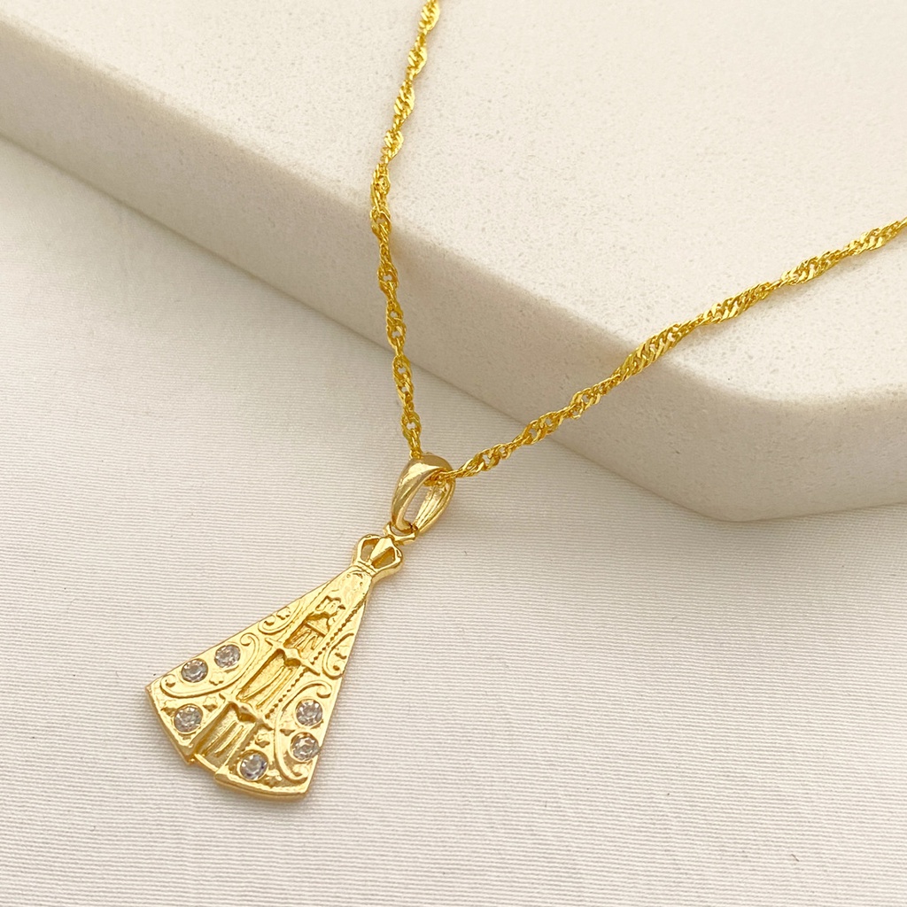 Colar corrente singapura pingente Nossa Senhora Aparecida com microzircônias folheado a ouro 18k