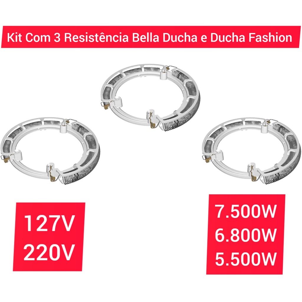 Resistência Bella Ducha E Ducha Fashion 4T 220V 7.500W 6.800W Ou 127V 5.500W Kit 3 Unidades Similar Lorenzetti