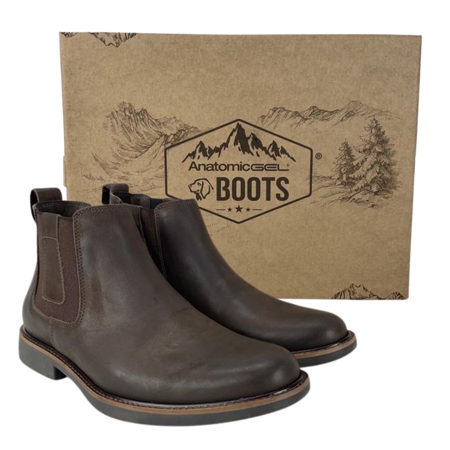 Botina Masculina Anatomic Gel Oficial Vintage Brown Café Confortável e Prático Couro Rústico Para Dia a dia Trabalho