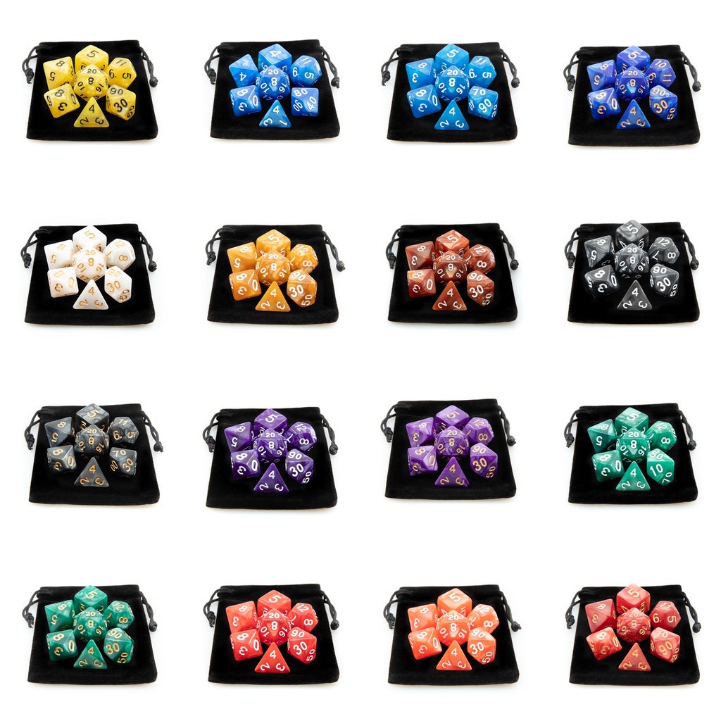 Kit 7 Dados para RPG de Mesa Conjunto D4 D6 D8 D10 D10% D12 D20 + 1 Bolsa | VÁRIAS CORES E MODELOS