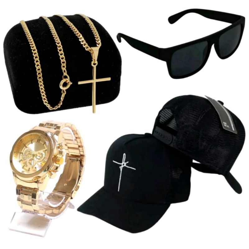kit Masculino Presente Relogio dourado de aço Masculino +bone +óculos +corrente cruz 18k Menor preço o ano