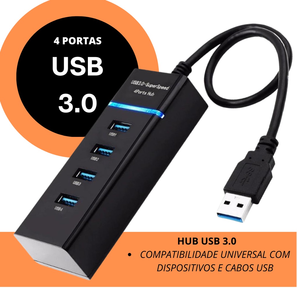 Hub Usb 3.0 4 Portas Expansor Rapido 5 Gbps Alta Velocidade Para Pc Computador Notebook Multi Portas
