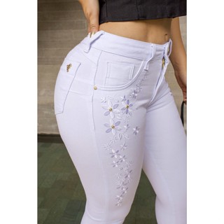 Calça Branca 36 ao 48 Lycra Brim Bordado Floral Feminina Forma Pequena