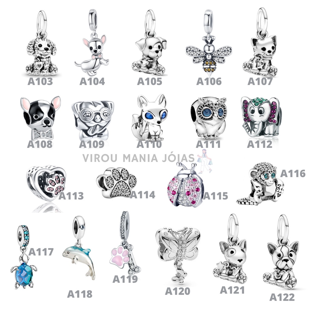 Berloque Charm Pets Em Prata 925 Para Pulseiras Pandora E Vivara ( Cachorrinho, Gatinho, Raposinha e Abelhinha )