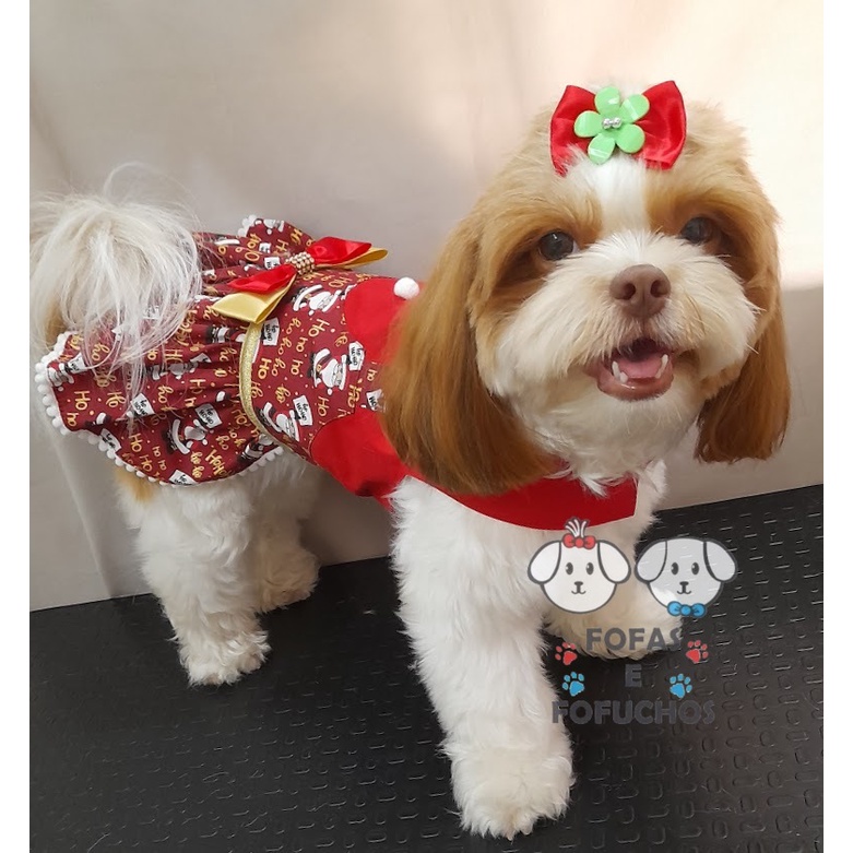 vestido pet natal estampa papai noel laço dourado,  roupa cachorro papai mamãe noel tamanhos 0 a 6