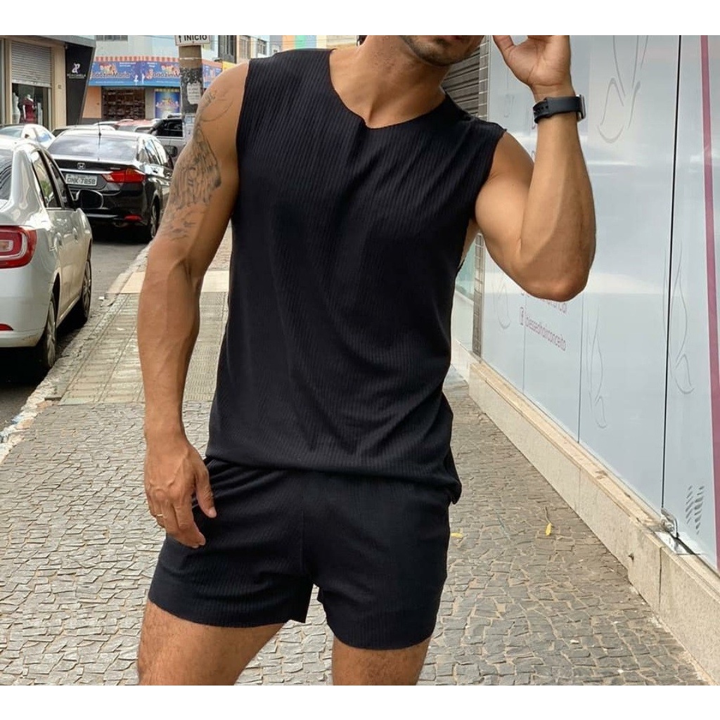Conjunto Canelado Masculino Camiseta Regata Machão + Short | Shopee Brasil