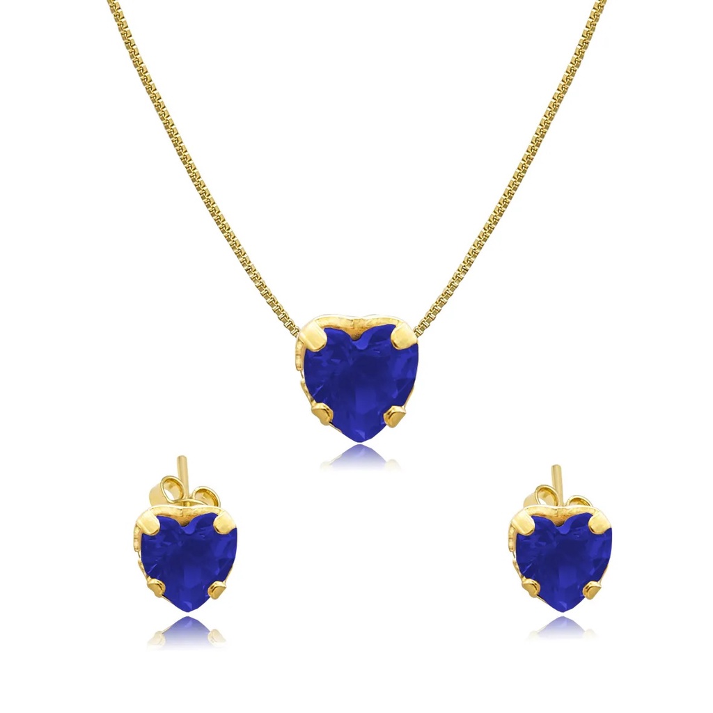 kit Gargantilha Colar e Brinco Coração Pedra Zircônia  - Folheado a Ouro 18k - Semijoia Antialérgica