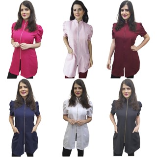 Jaleco Acinturado Feminino Manga Curta Estilo Manga Princesa Gola Padre E Zíper Dourado Bu622