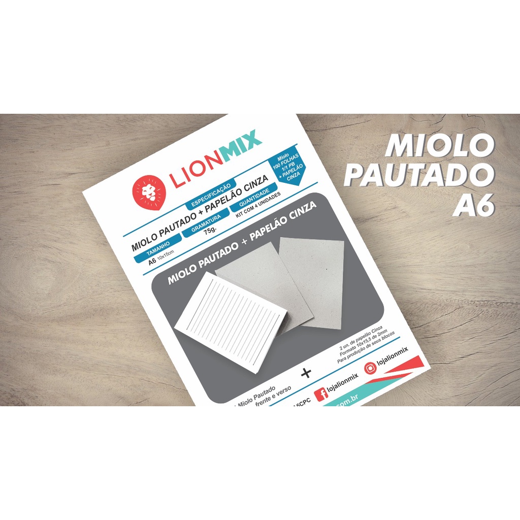 MIOLO PAUTADO A6  96 FOLHAS + PAPELÃO CINZA - OFFSET 75G. PB - Embalagem C/ 4 Kits