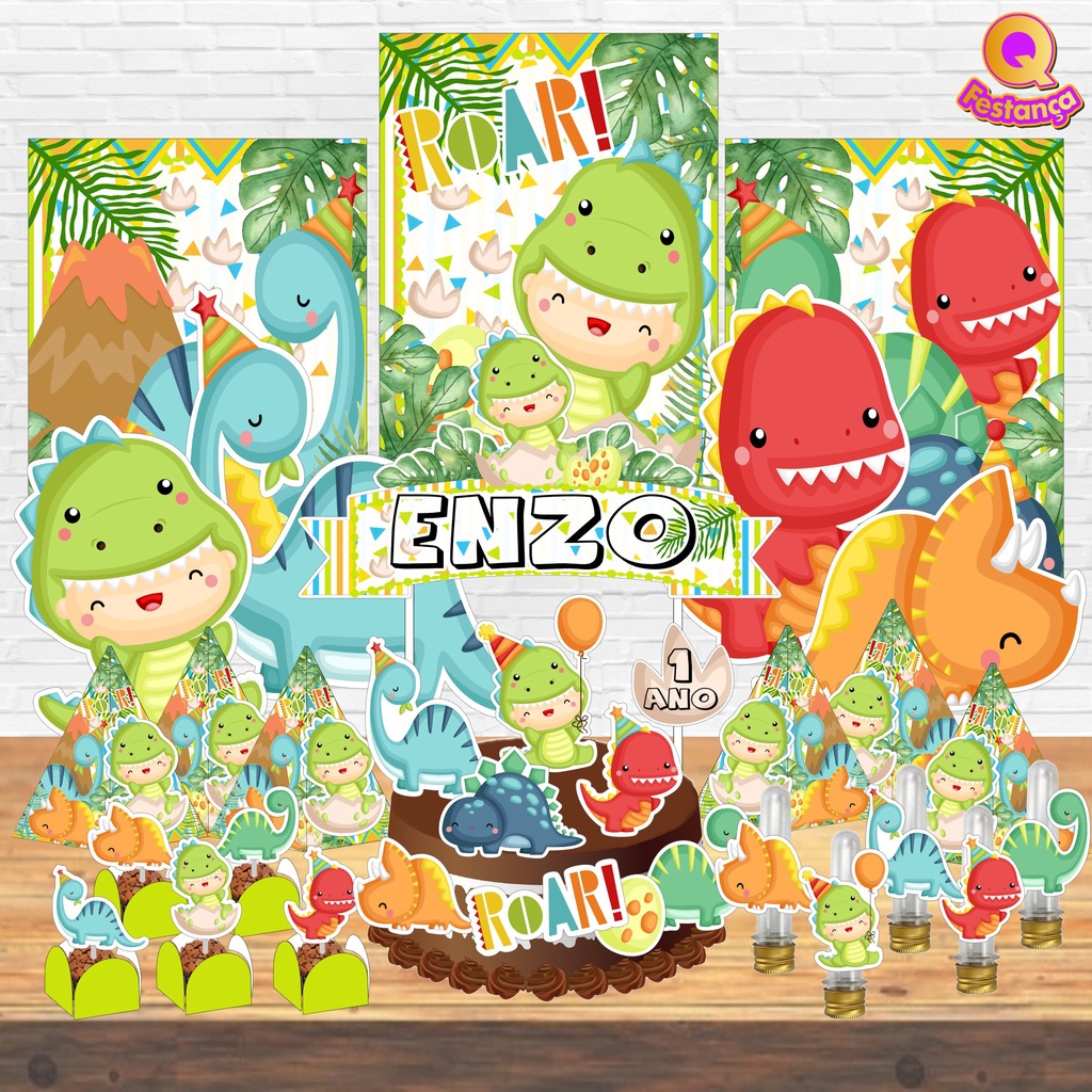 Kit Festa Pronta Dino Baby 78 itens-Topo de Bolo Personalizado- Dino Baby Rosa, Dino Baby Boy, Dino Mite, Dino Baby, Dino Baby Azul, Dinos, Dinossauro Bebê, Dinossauros