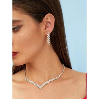 Colar Gargantilha Choker Riviera + Par Brinco de Strass folheado Prata casamento, debutante da moda, Ano Novo