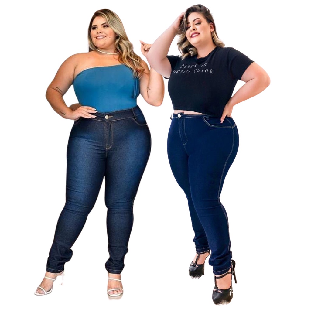 Kit Com 2 Plus Size Calças Jeans Premium Feminina Cintura Alta