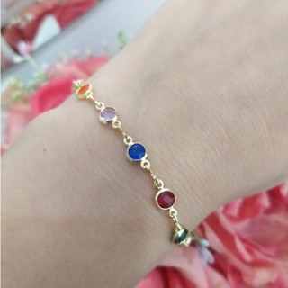 Pulseira De Pedras Coloridas Delicado Banhado A Ouro 18K Prata 925